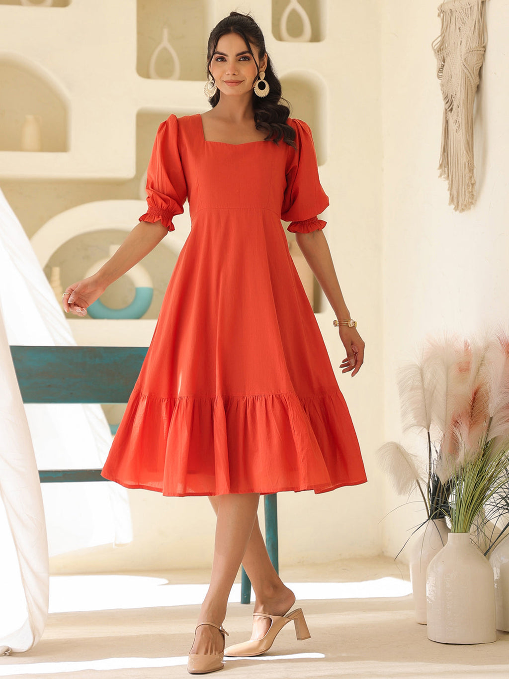 Janasya Light Cotton Solid A-Line Dress