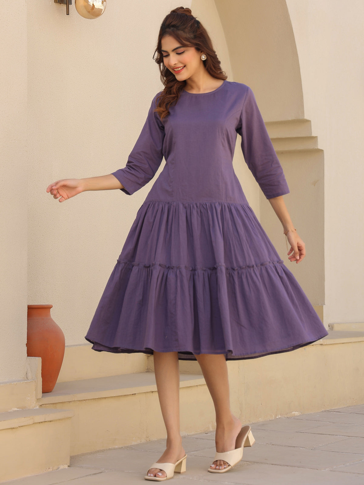 Janasya Light Cotton Solid A-Line DRESS