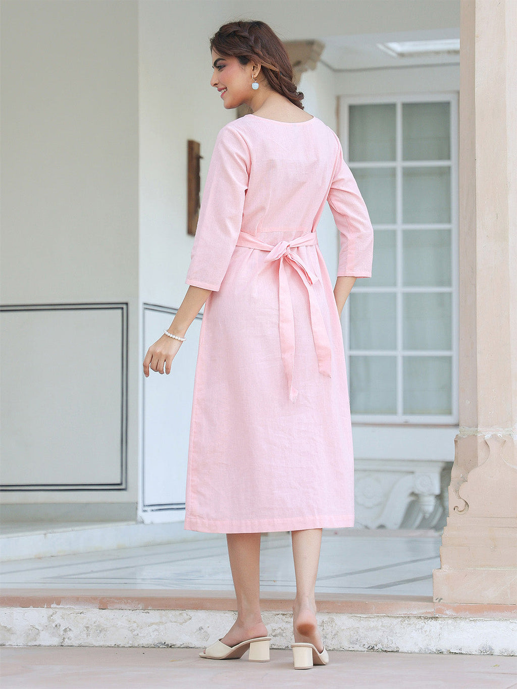Janasya Light Cotton Solid A-Line Dress