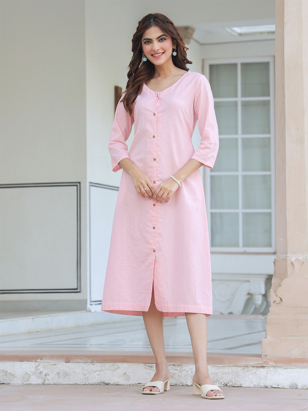 Janasya Light Cotton Solid A-Line Dress