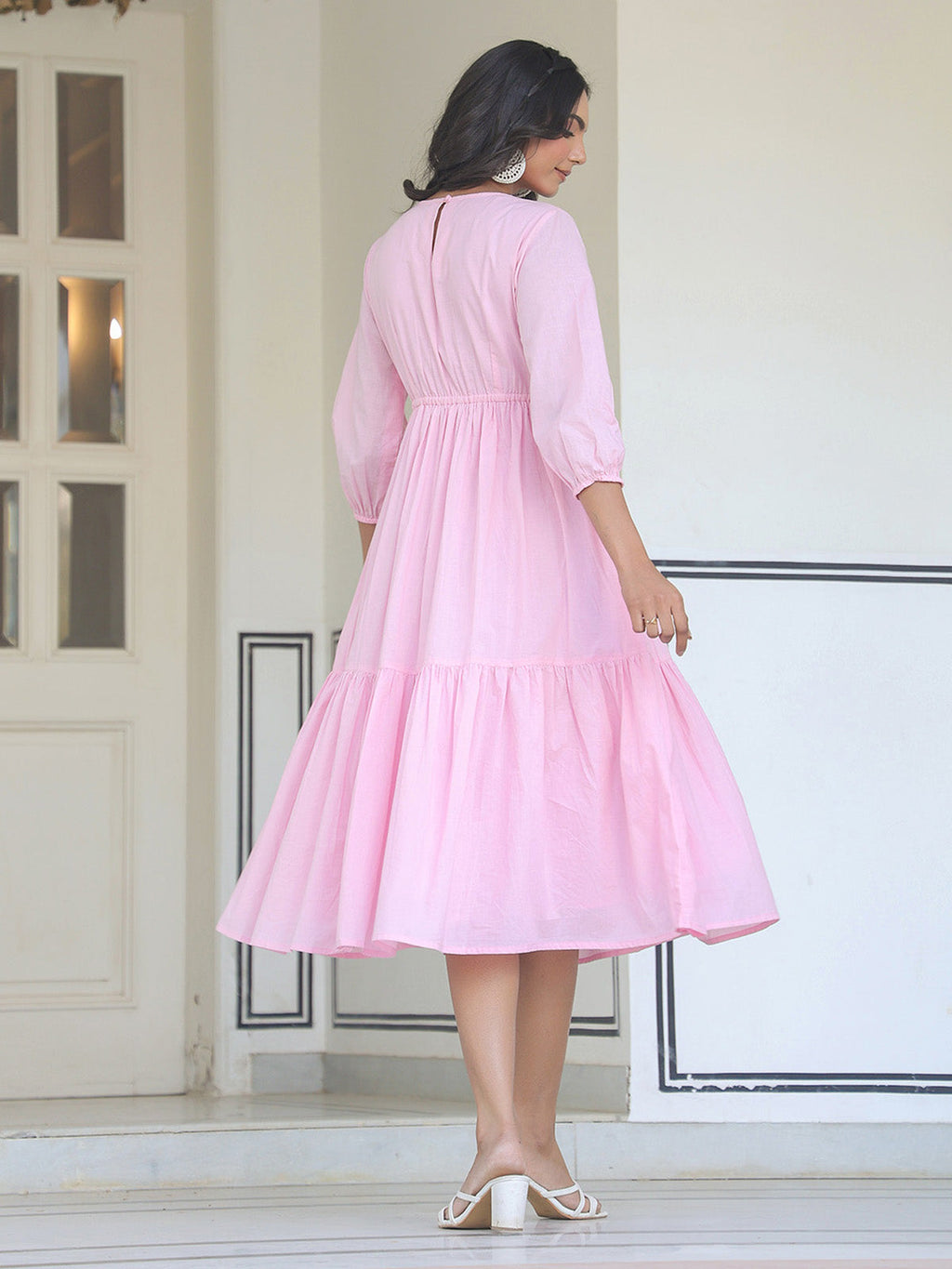 Janasya Light Cotton Solid Tiered Dress