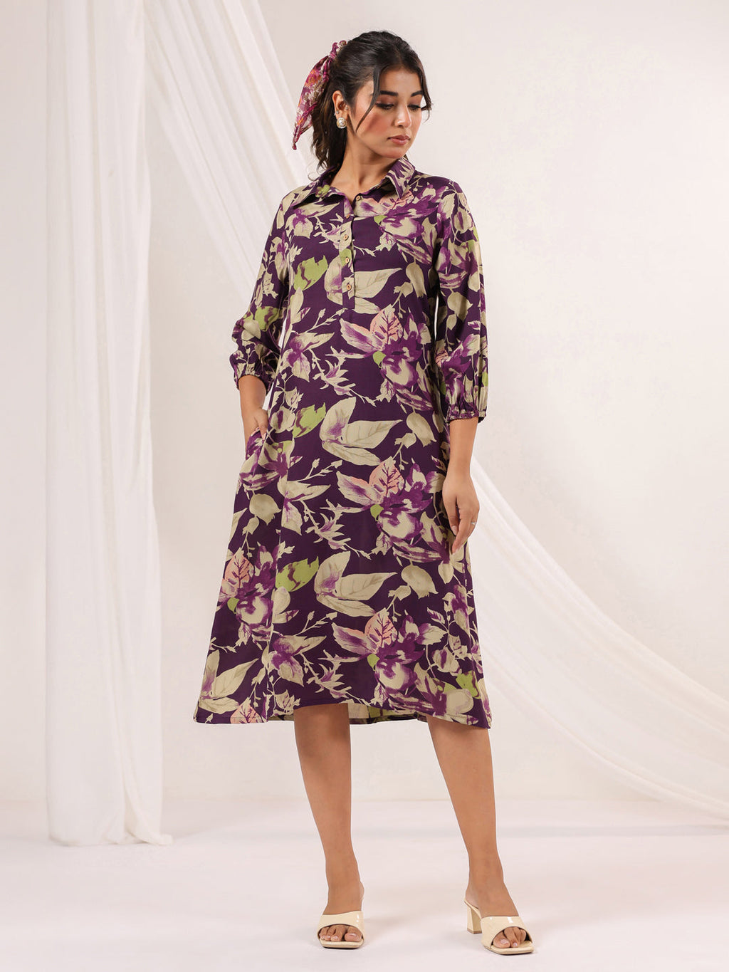 Janasya Dark Cotton Floral A-Line Dress