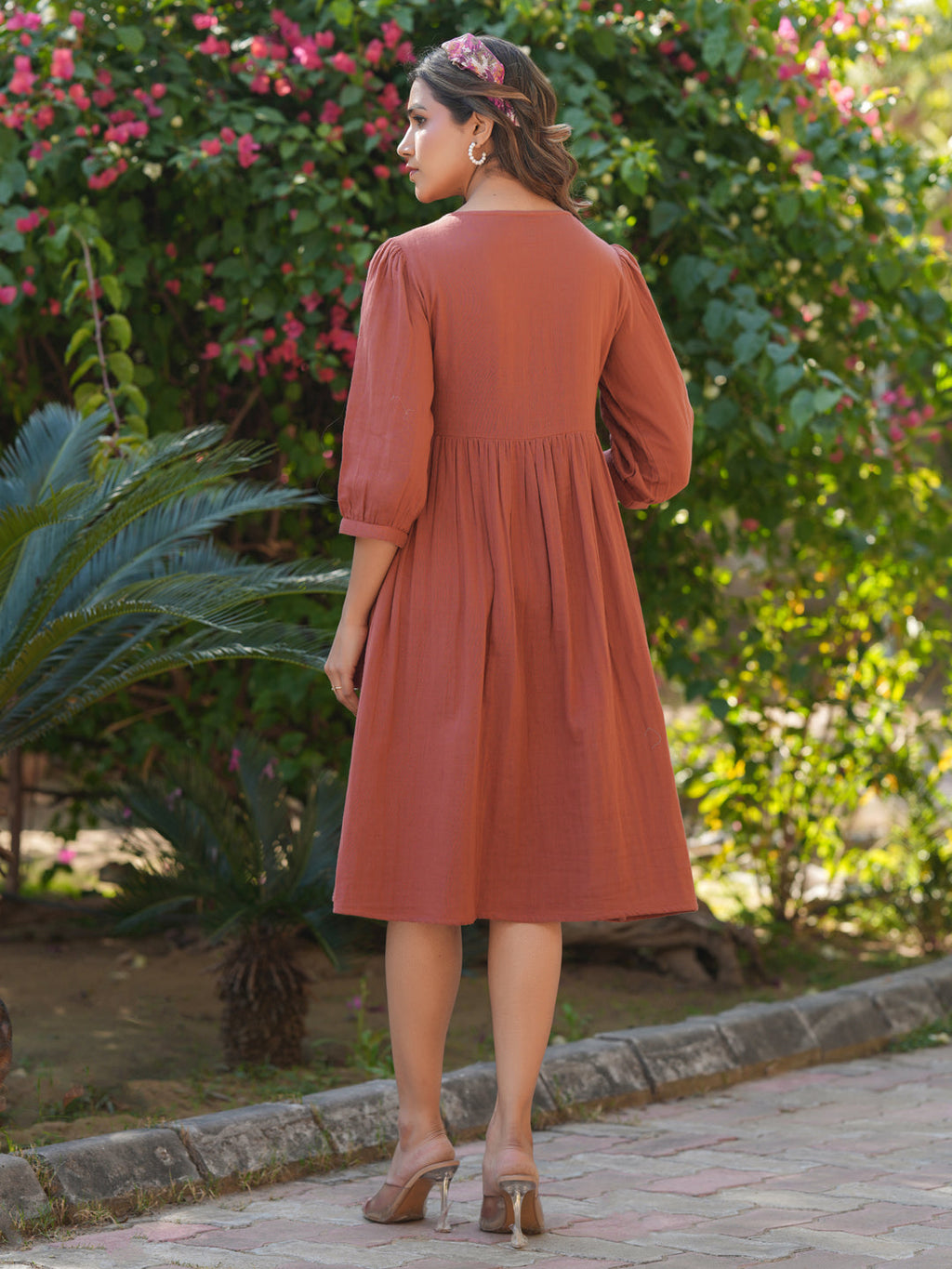 Janasya Dark Cotton Solid Gathered Dress