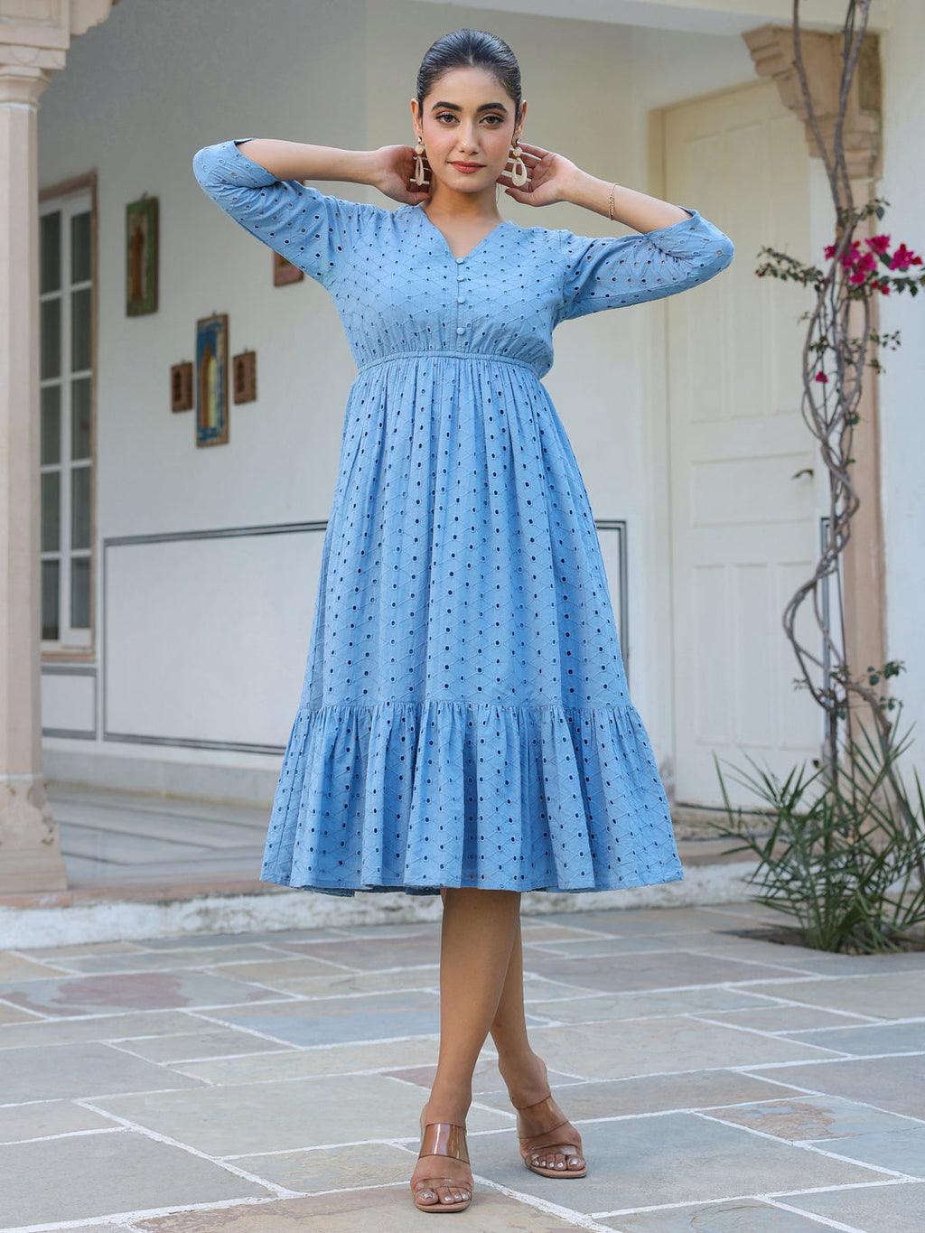 Janasya Light Cotton Schiffli Fit & Flare Dress