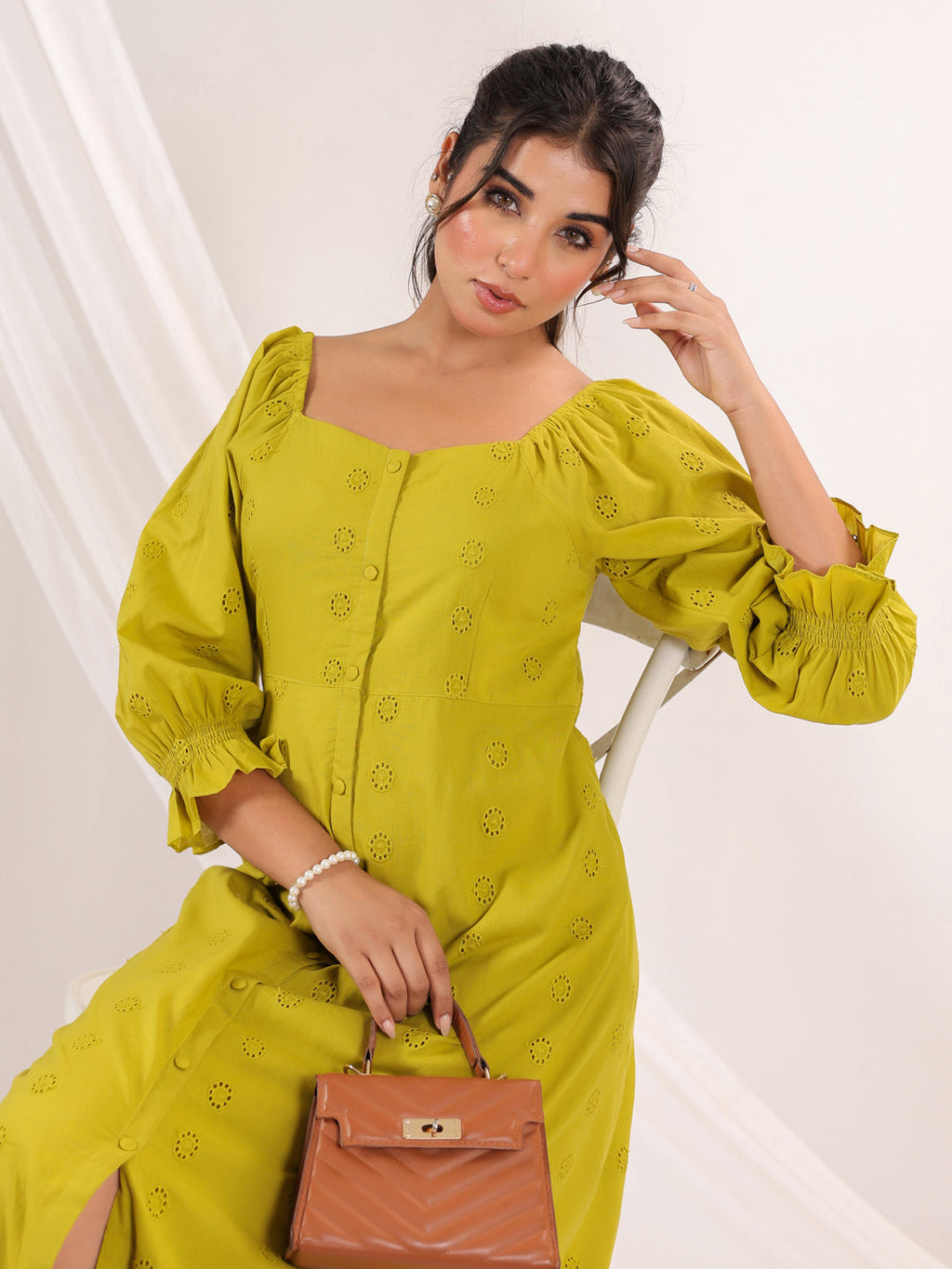 Janasya Dark Cotton Schiffli A-Line Dress