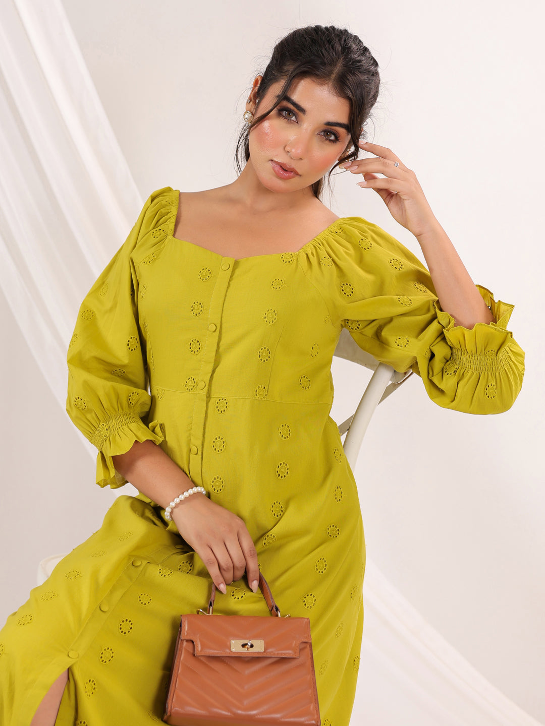 Janasya Dark Cotton Schiffli A-Line Dress
