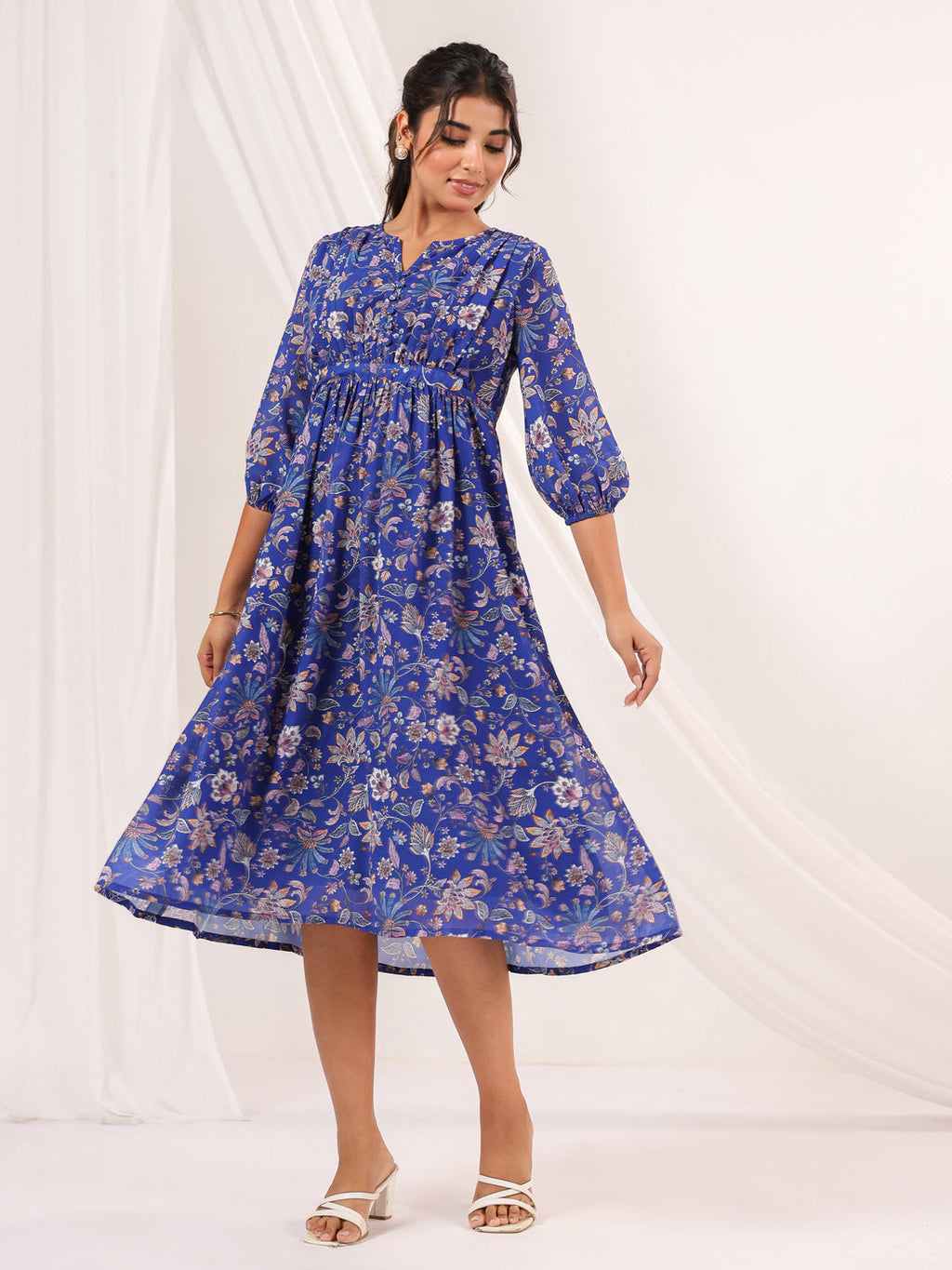 Janasya Dark Georgette Floral A-Line Dress