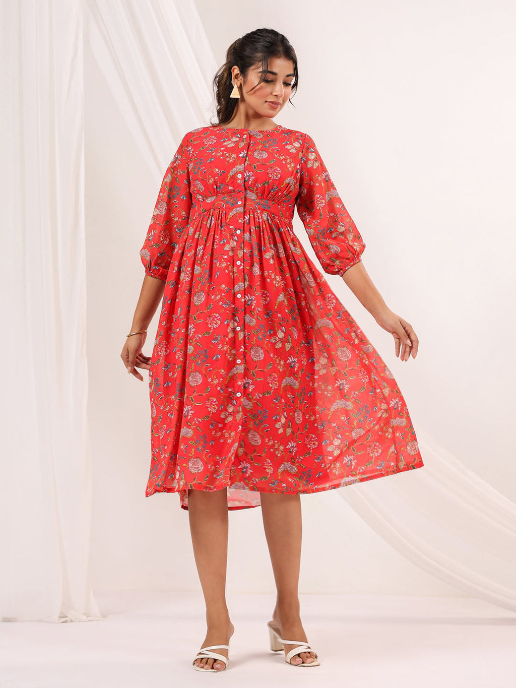 Janasya Bright Georgette Floral Gathered Dress
