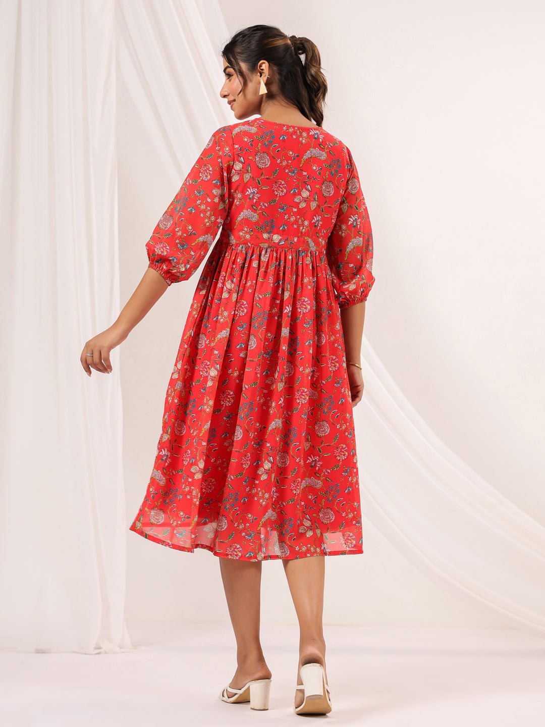 Janasya Bright Georgette Floral Gathered Dress