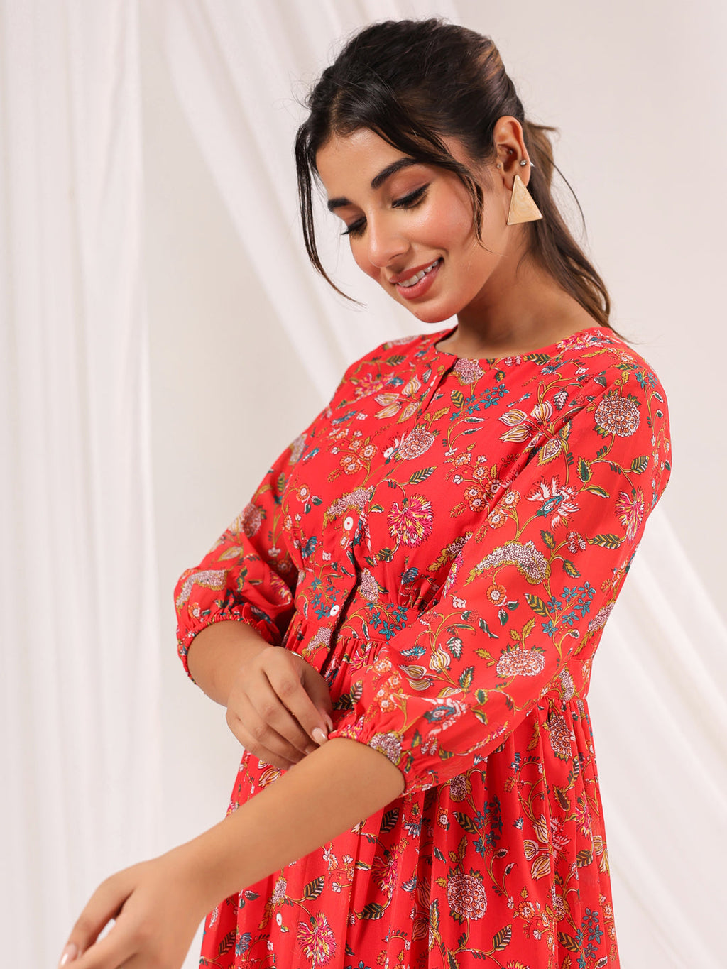 Janasya Bright Georgette Floral Gathered Dress