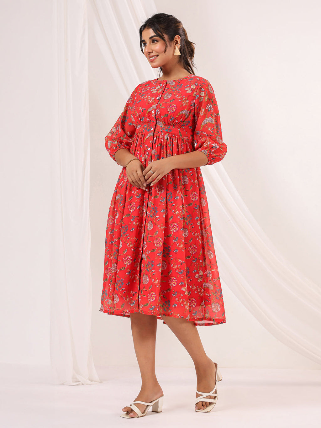 Janasya Bright Georgette Floral Gathered Dress