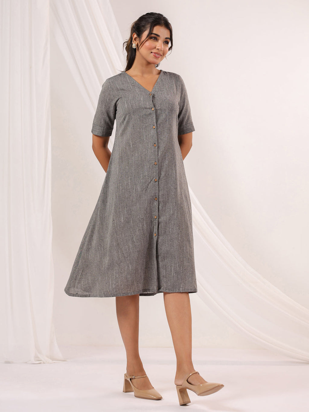 Janasya Dark Cotton Solid A-Line Dress