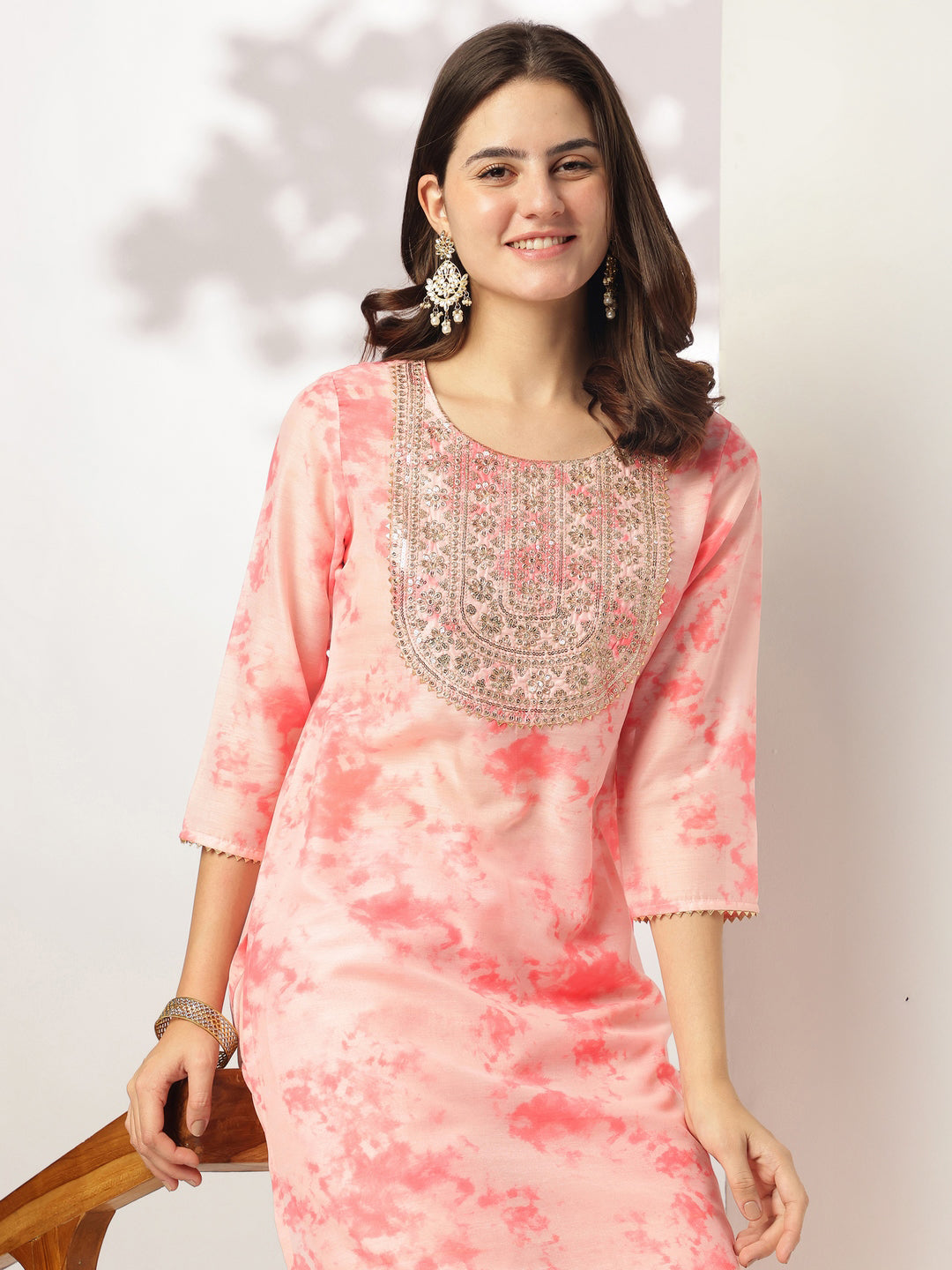 Janasya Light Silk Blend Tie & dye Straight Kurta Set