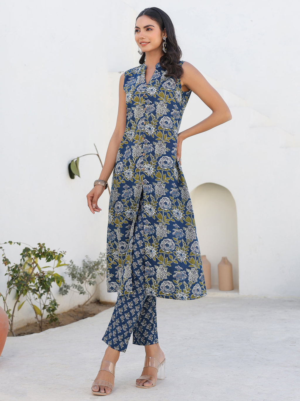 Janasya Dark Cotton Floral A-Line Kurta Set