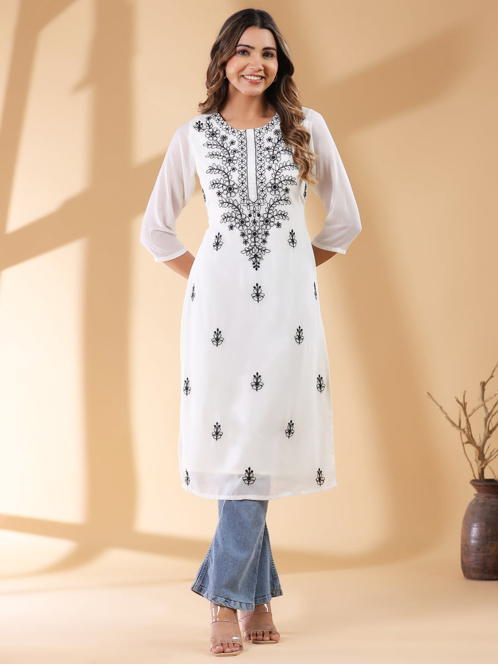 Janasya Dark Georgette Embroidered Straight Kurta