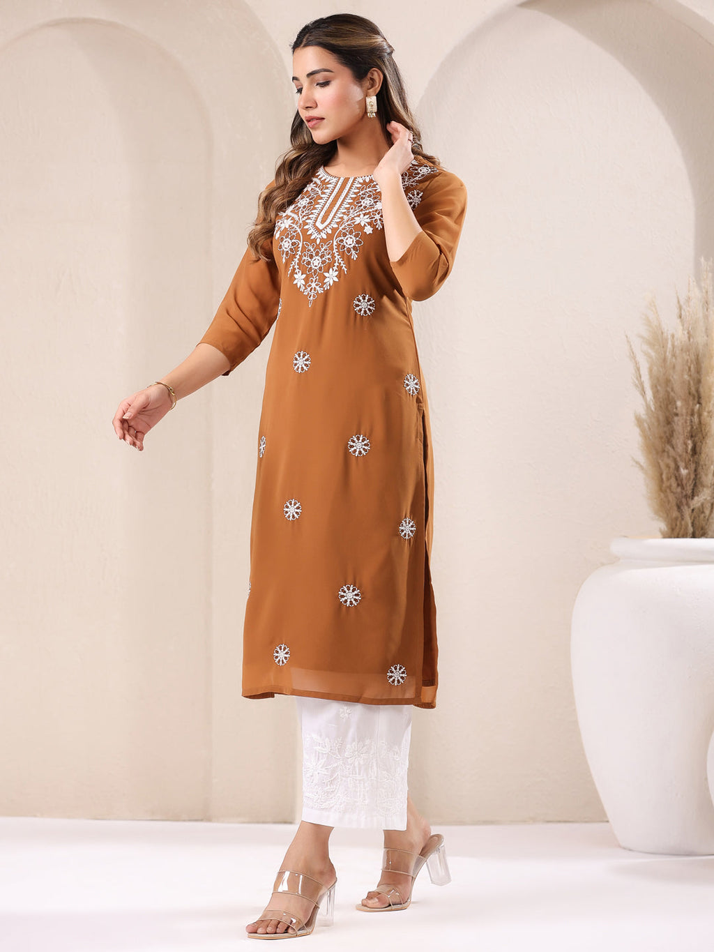 Janasya Dark Georgette Embroidered Straight Kurta