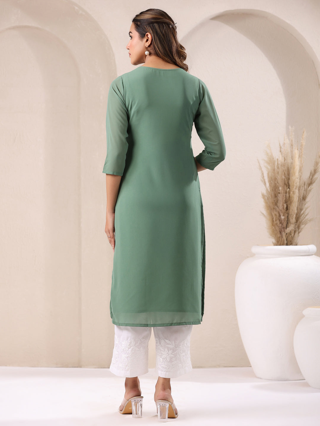 Janasya Dark Georgette Embroidered Straight Kurta
