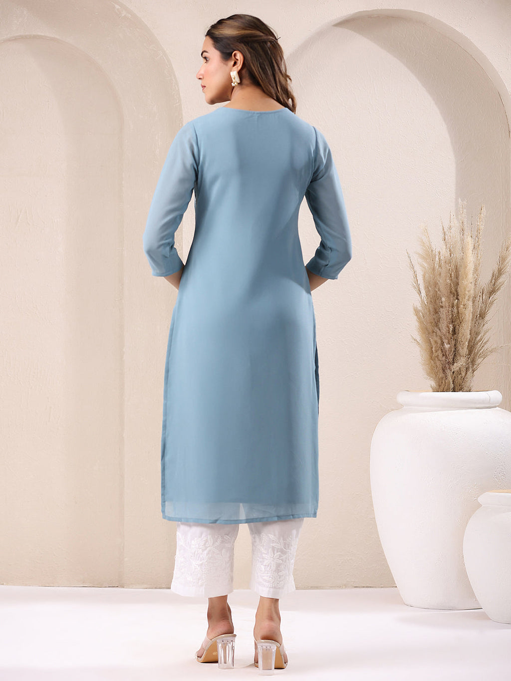 Janasya Bright Georgette Embroidered Straight Kurta