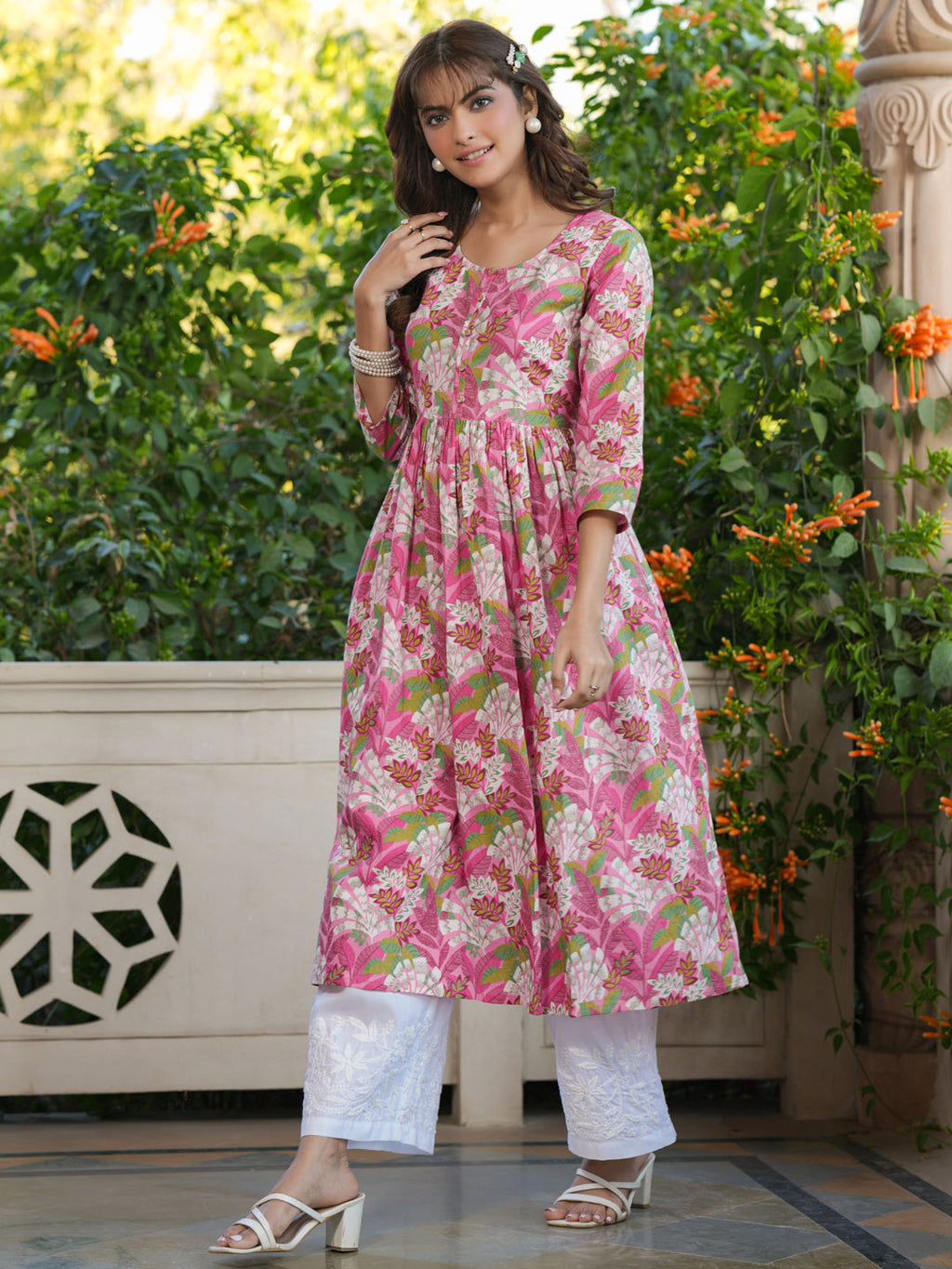 Janasya Bright Cotton Floral A-Line Kurta