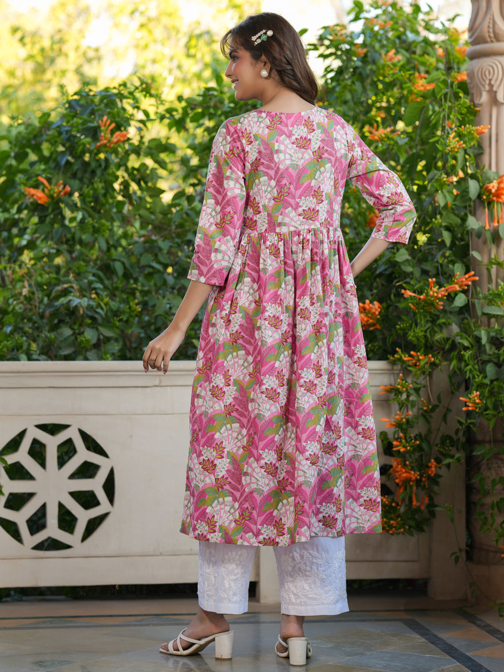Janasya Bright Cotton Floral A-Line Kurta