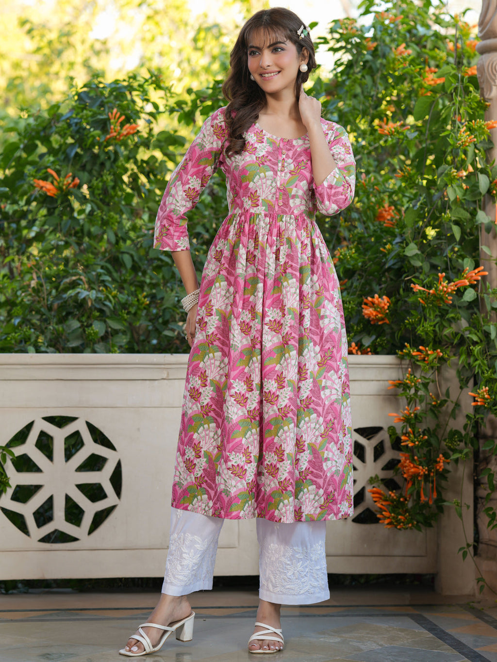 Janasya Bright Cotton Floral A-Line Kurta