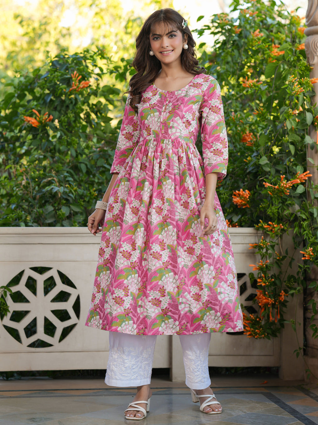 Janasya Bright Cotton Floral A-Line Kurta