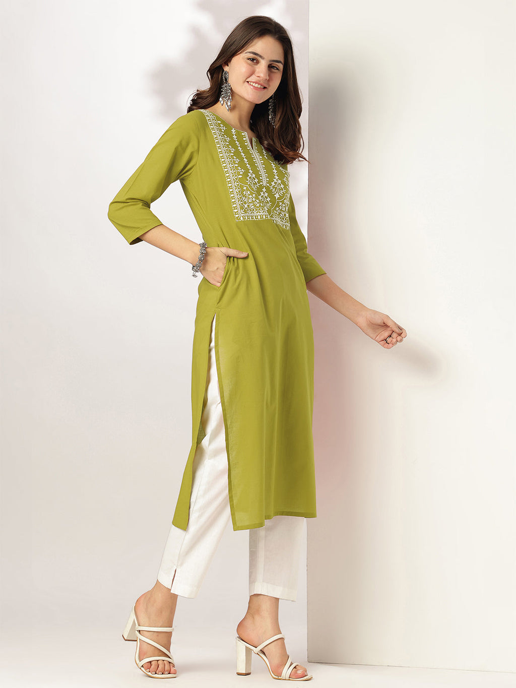 Janasya Dark Cotton Yoke Embroidery Straight Kurta