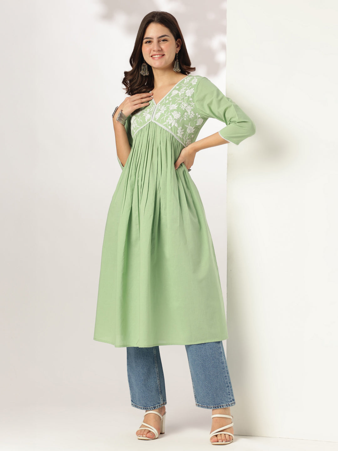 Janasya Light Cotton Yoke Embroidery A-Line Kurta