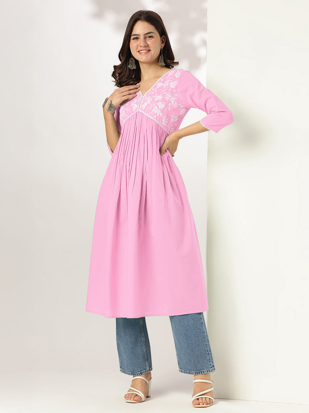 Janasya Light Cotton Yoke Embroidery A-Line Kurta