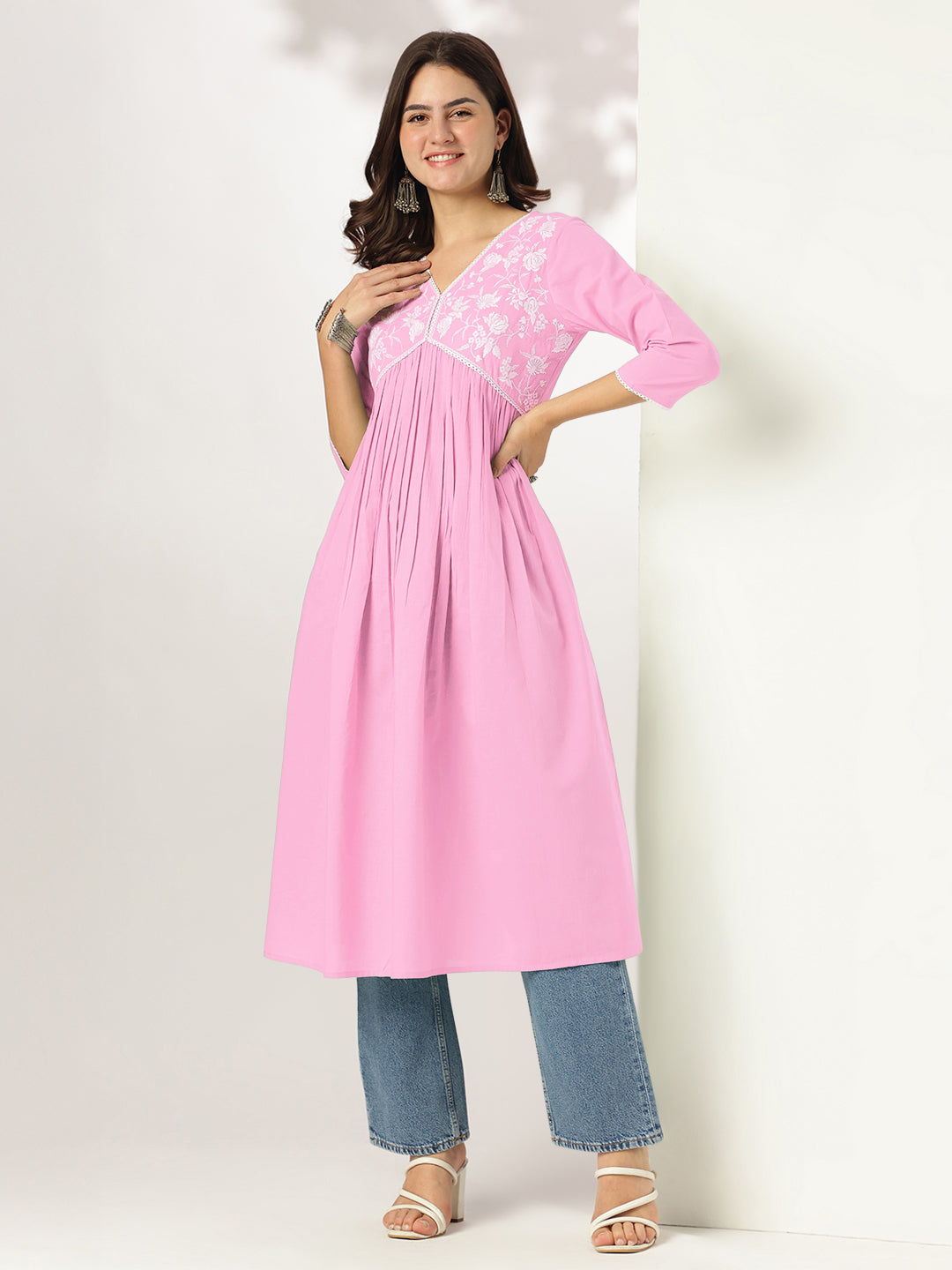 Janasya Light Cotton Yoke Embroidery A-Line Kurta
