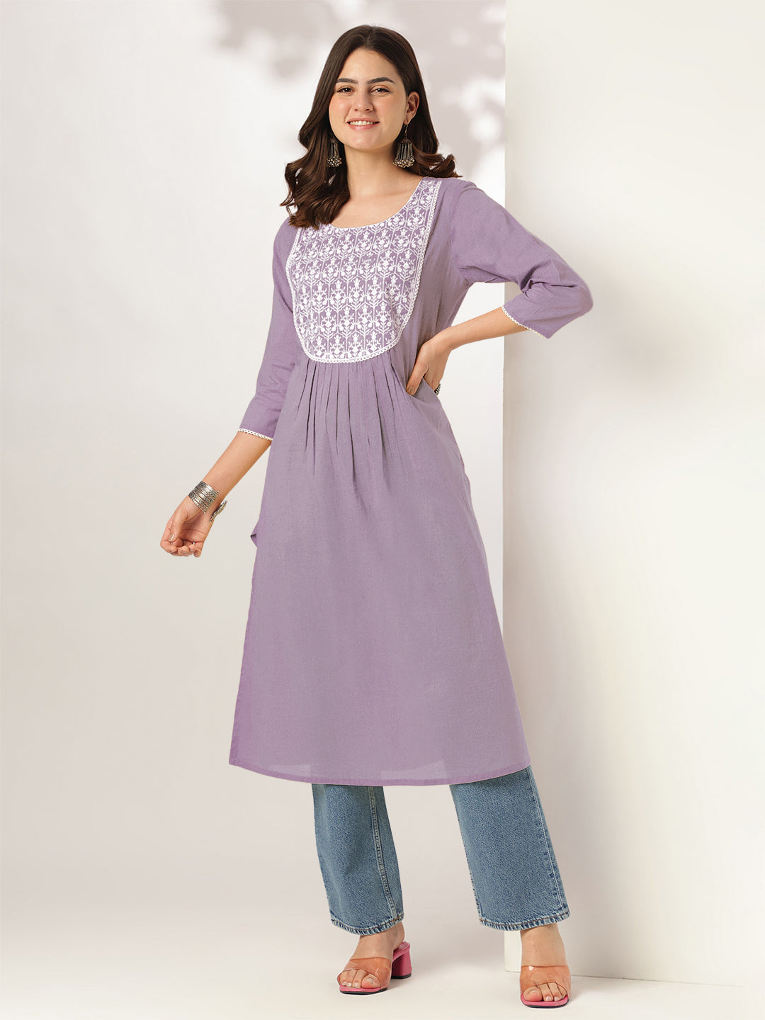 Janasya Light Cotton Yoke Embroidery Straight Kurta
