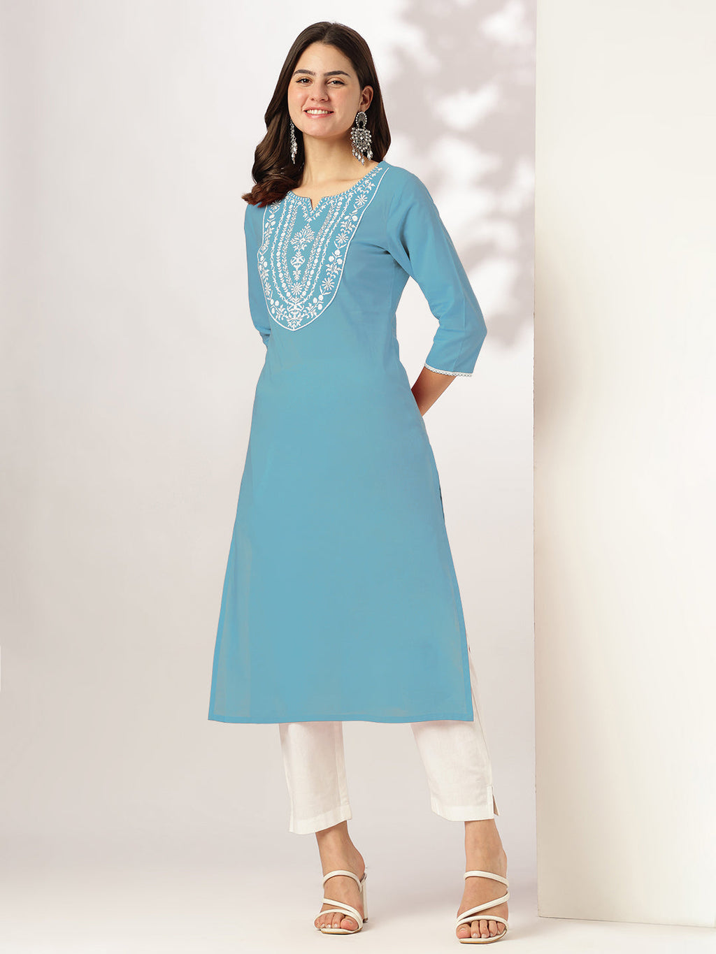 Janasya Light Cotton Yoke Embroidery Straight Kurta
