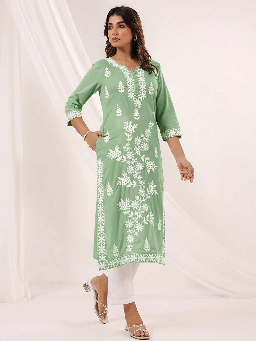 Janasya Light Cotton Embroidered Straight Kurta