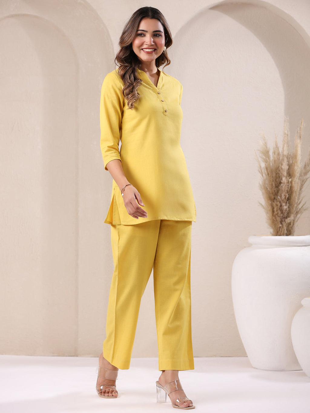 Janasya Yellow Cotton Solid Pant