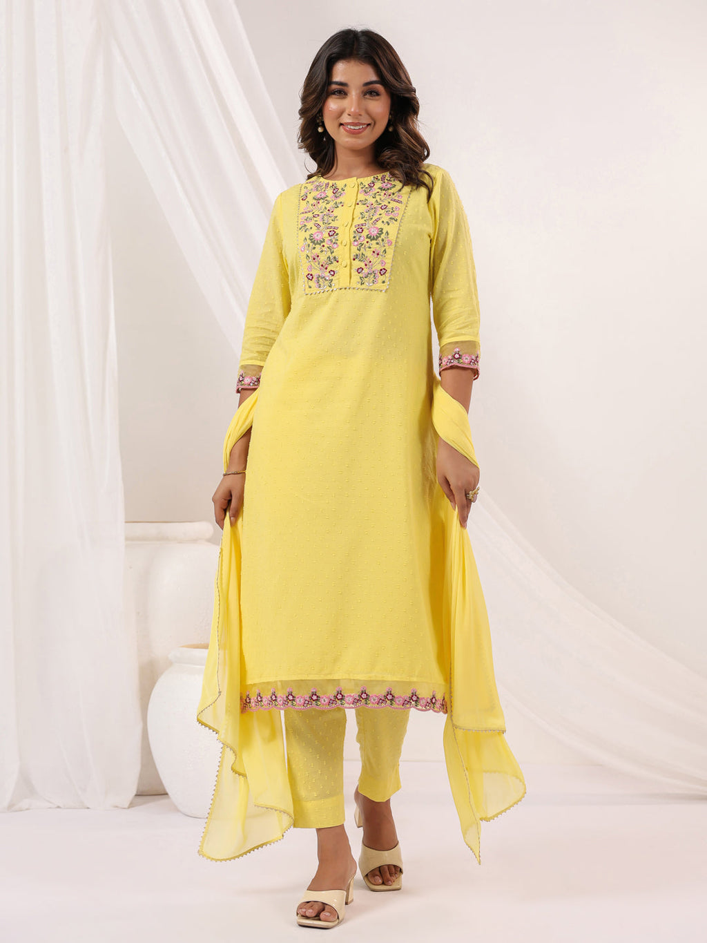 Janasya Light Dobby Cotton Embroidered Straight Kurta Set