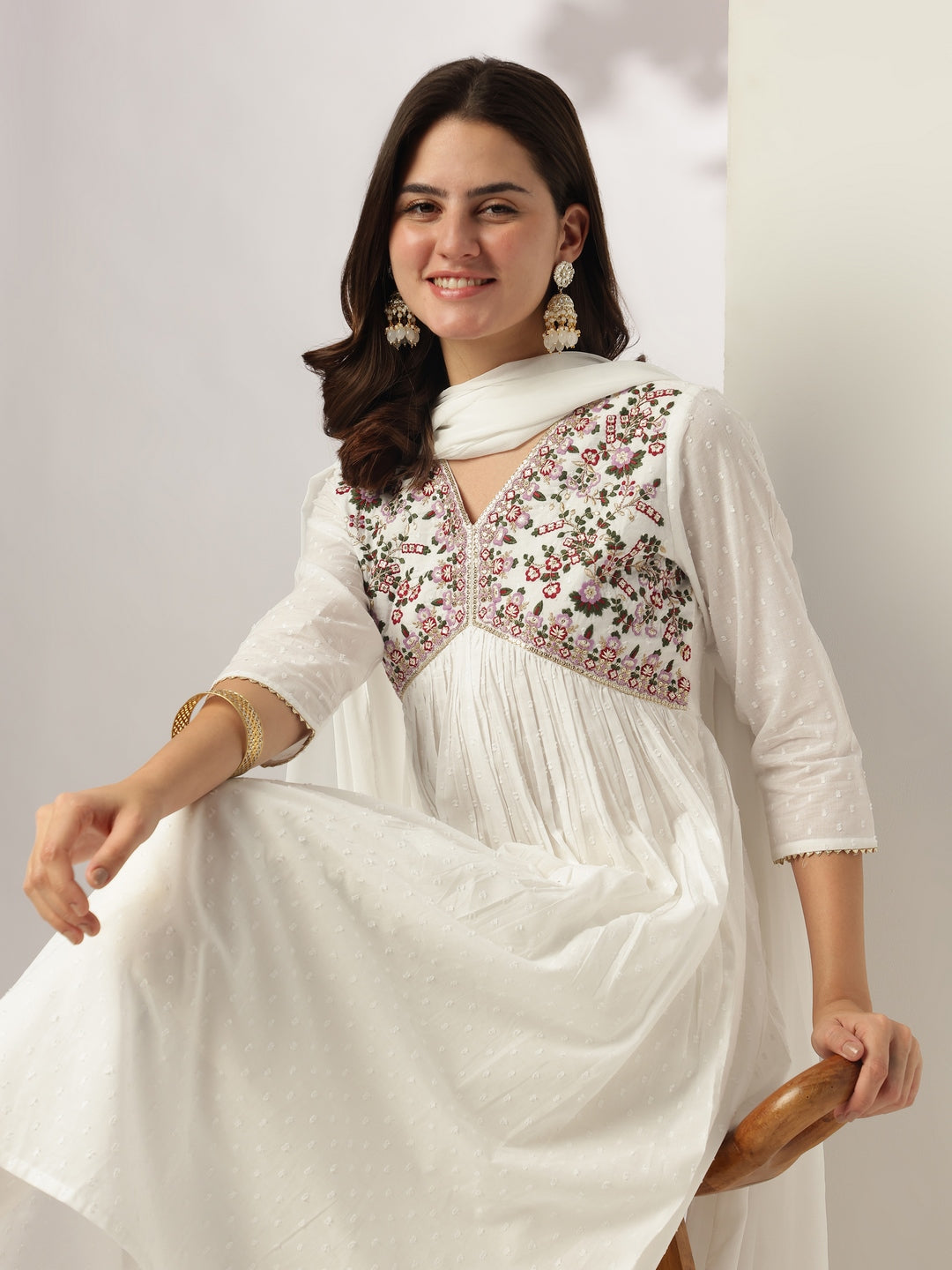 Janasya Light Dobby Cotton Embroidered A-Line Kurta Set