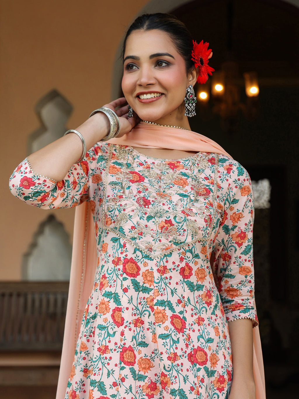 Janasya Light Cotton Floral Anarkali Kurta Set