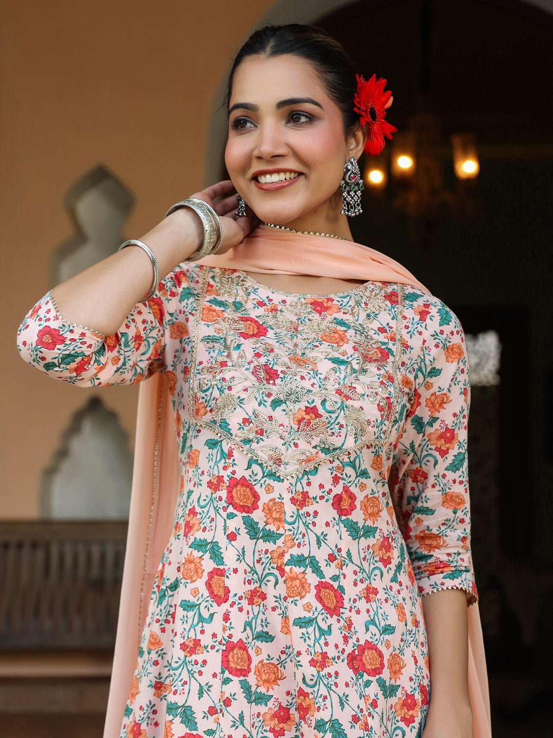 Janasya Light Cotton Floral Anarkali Kurta Set