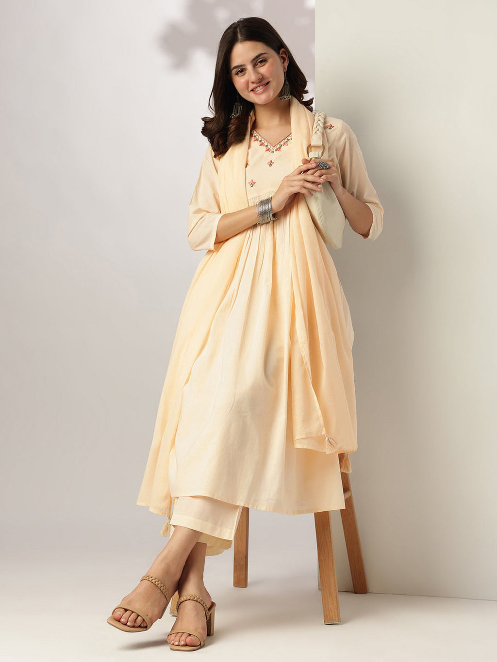 Janasya Light Cotton Yoke Embroidery A-Line Kurta Set
