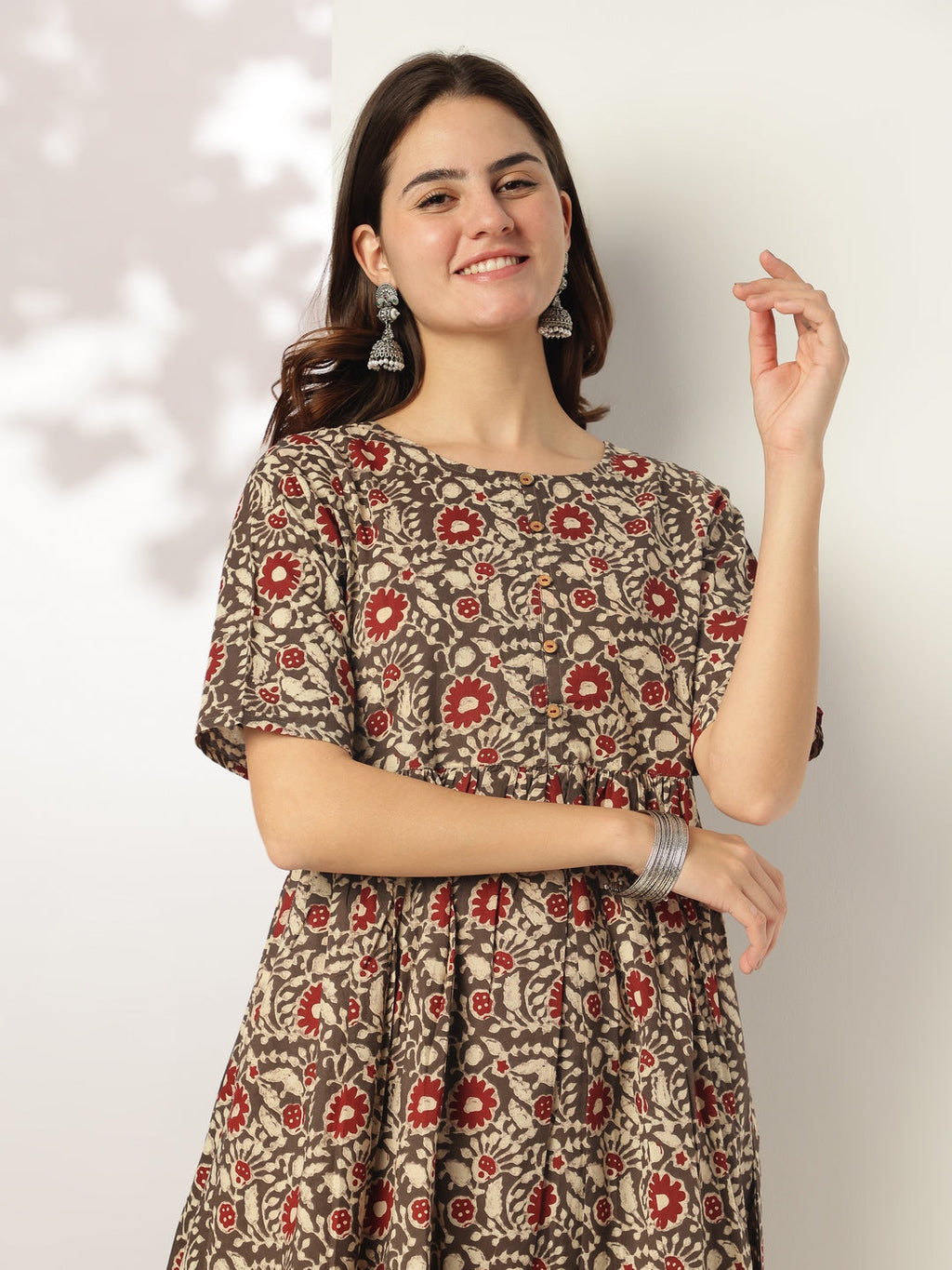 Janasya Dark Cotton Floral A-Line Kurta Set