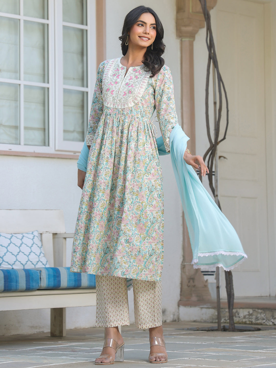 Janasya Light Cotton Yoke Embroidery A-Line Kurta Set