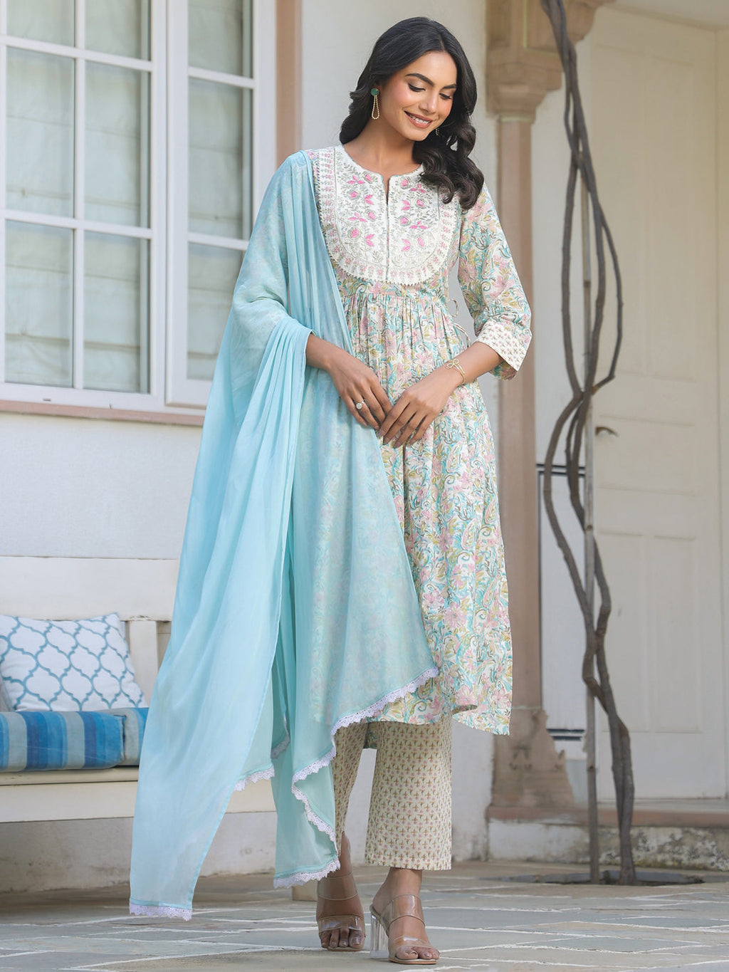 Janasya Light Cotton Yoke Embroidery A-Line Kurta Set