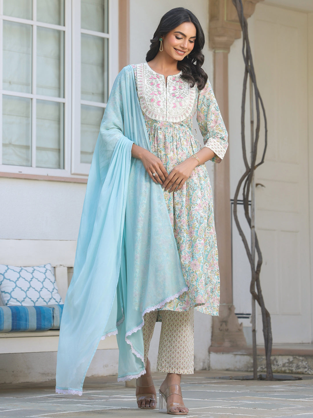 Janasya Light Cotton Yoke Embroidery A-Line Kurta Set