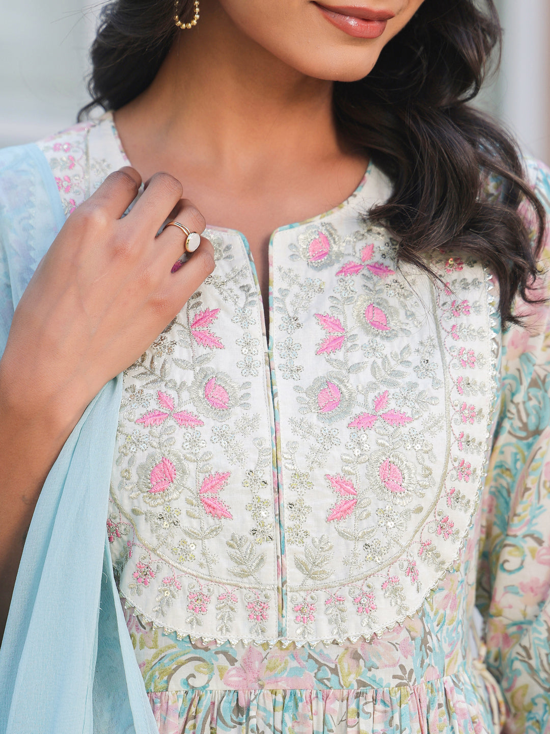 Janasya Light Cotton Yoke Embroidery A-Line Kurta Set