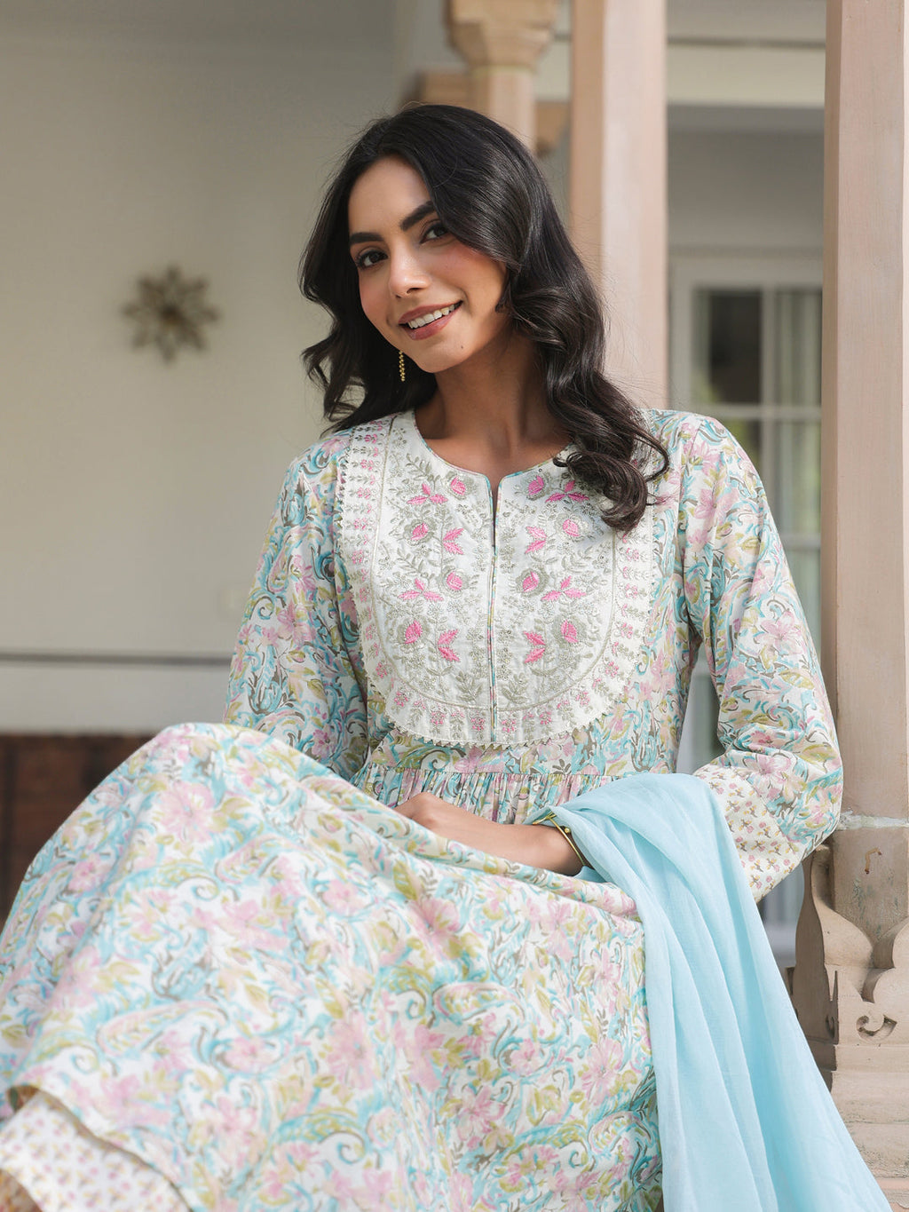 Janasya Light Cotton Yoke Embroidery A-Line Kurta Set