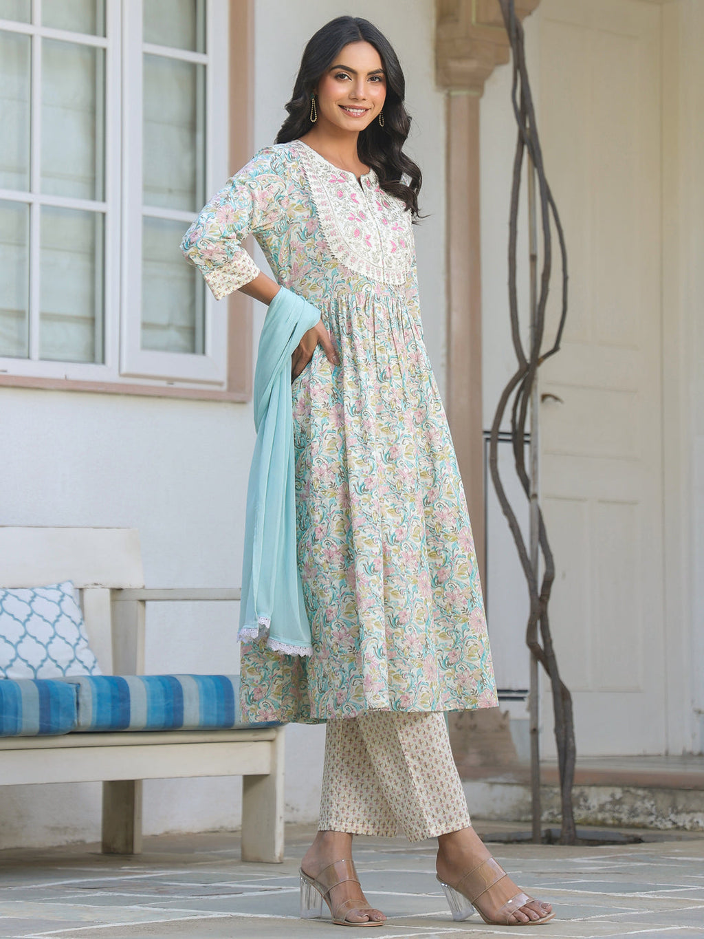 Janasya Light Cotton Yoke Embroidery A-Line Kurta Set