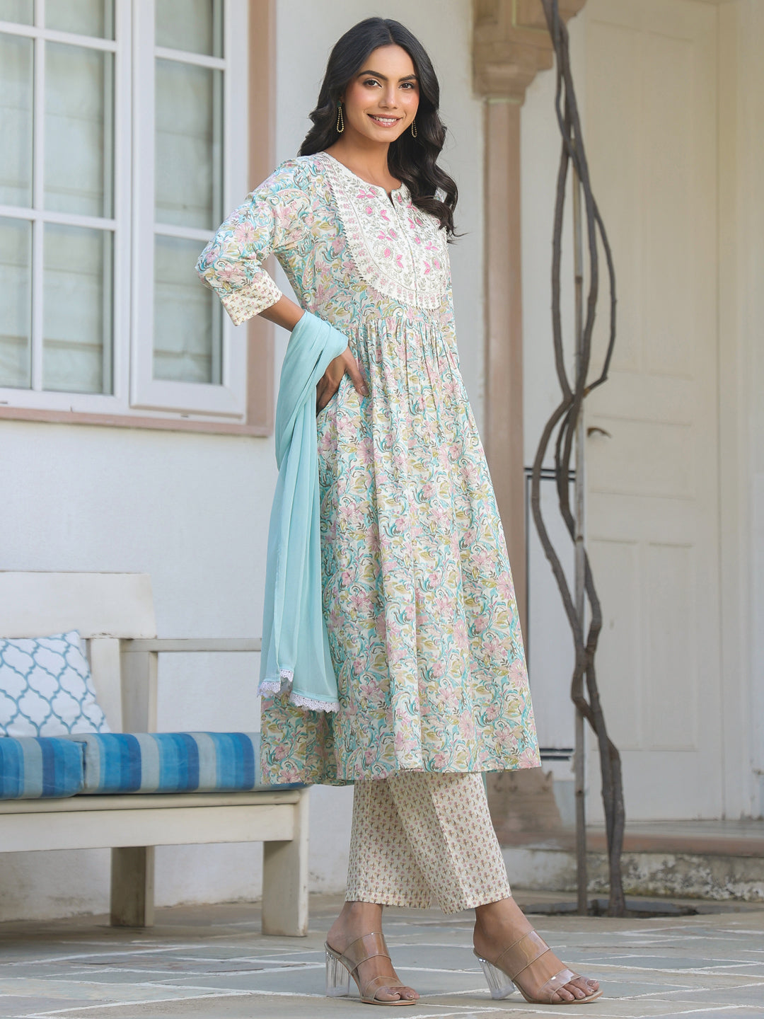 Janasya Light Cotton Yoke Embroidery A-Line Kurta Set