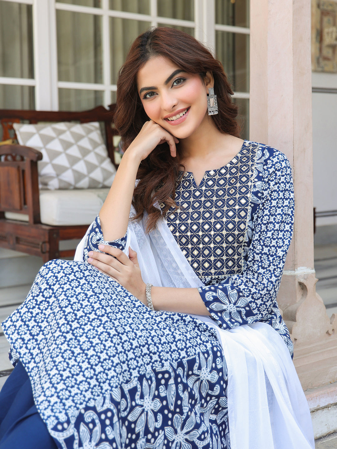 Janasya Dark Rayon Floral A-Line Kurta Set