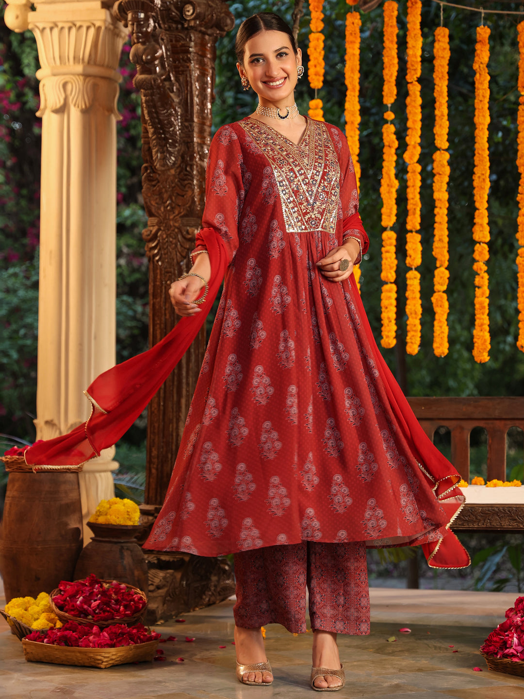 Janasya Dark Georgette Yoke Embroidery A-Line Kurta Set