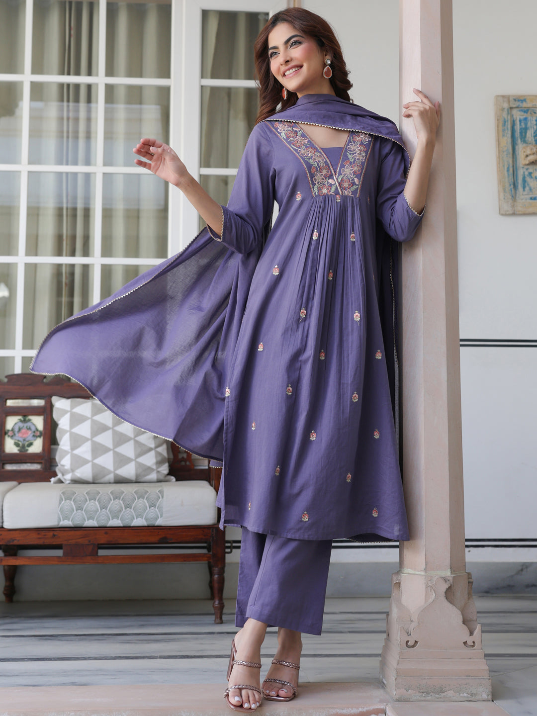 Janasya Dark Cotton Embroidered A-Line Kurta Set